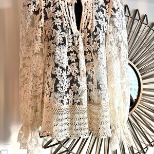 Choklate Paris Sheer Ivory Floral Lace Blouse with Crochet Hem